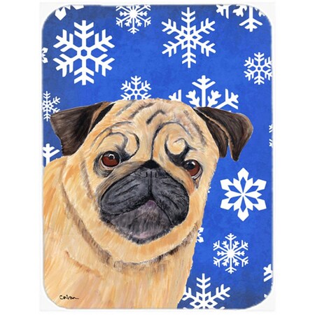 Carolines Treasures 15 x 12 in. Pug Winter Snowflakes Holiday Glass Cutting Board - Large SC9371LCB