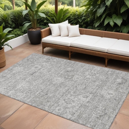 Homeroots 8' X 10' Gray And Silver Damask Washable Indoor Outdoor Area Rug 603506