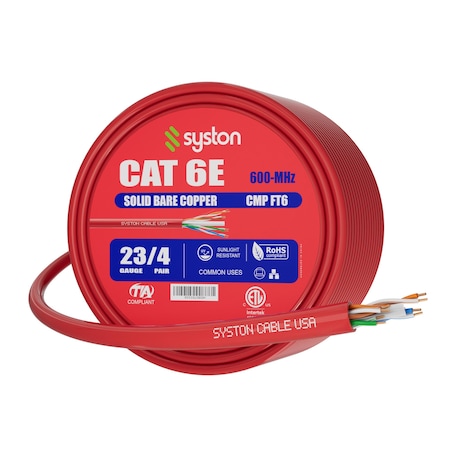 Syston Cable Technology Cat 6e Ethernet Data Cable Bulk, 250ft Red, 600MHz 23AWG Solid Copper, CMP Plenum-Rated for PoE BULK1259-250RD