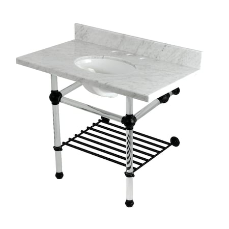Kingston Brass 36-Inch Carrara Marble Console Sink with Acrylic Legs and Shelf, 8-Inch, 3-Hole KVPB3630MAB0