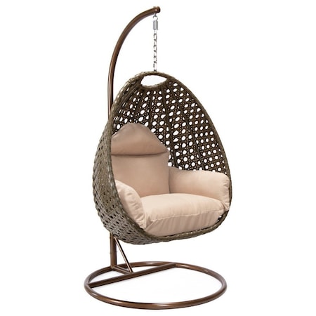 Leisuremod Beige Wicker Hanging Egg Swing Chair with Beige Cushions ESCBG-40BG