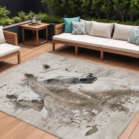 Homeroots 9' X 12' Ivory And Gray Horse Washable Indoor Outdoor Area Rug 618689
