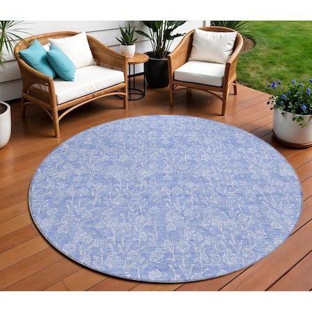 Homeroots 8' Denim Blue And Ivory Round Floral Washable Indoor Outdoor Area Rug 581860