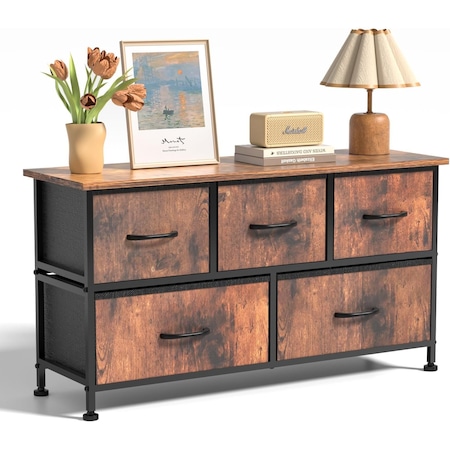 Simple Deluxe 5 Drawers Dresser for Bedroom, Wide Chest of Drawers, Storage Organizer Units with Fabric Bins for 3A88HKCABT5RUST