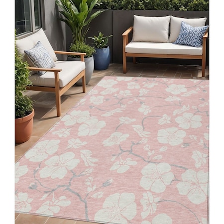 5' X 8' Pink Ivory And Gray Floral Washable Indoor Outdoor Area Rug