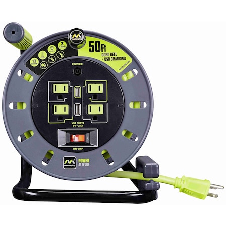 Masterplug 50Ft 4 Sockets 13A 14AWG Medium Open Reel with USB Charging OMA501314G4SLU-US