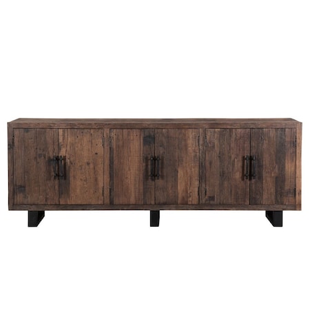Homeroots 100in Dark Brown Distressed Reclaimed Wood Sideboard with Six Doors 521429