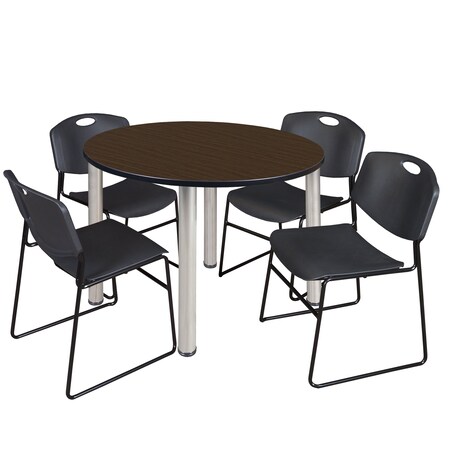 Regency Round Kee Breakroom Table W/ 4 Zeng Stack Chairs, 48 in W, 48 in L, Neo Walnut TB48RNDNWBPCM44BK