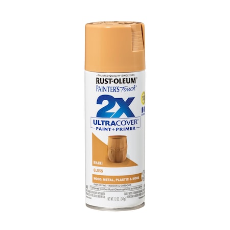 Rust-Oleum Painter's Touch 2X Ultra Cover Spray Paint, Khaki, Gloss, Solvent, 12 oz 334037