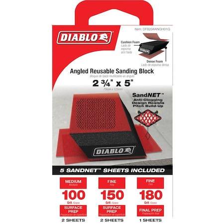 Diablo 5'' Angled Reusable Sanding Block Kit with Assorted SandNET Sheets DFB234ANGH01G
