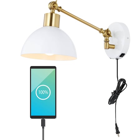 Jonathan Y Lisa 18" Swing Arm 1-Light Modern Midcentury Iron USB Charging Port LED Sconce, White/Brass Gold JYL1301A