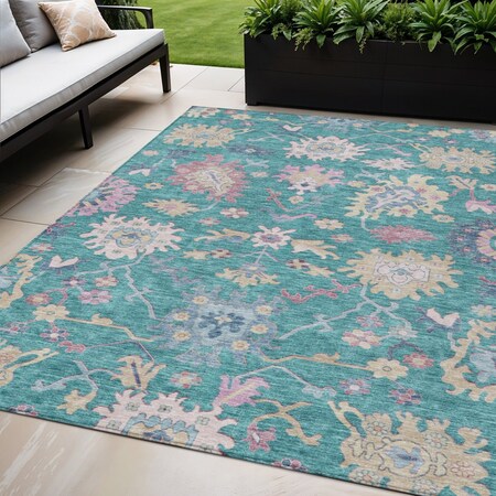 Homeroots 5' X 8' Teal Blue Pink And Ivory Floral Washable Indoor Outdoor Area Rug 605338