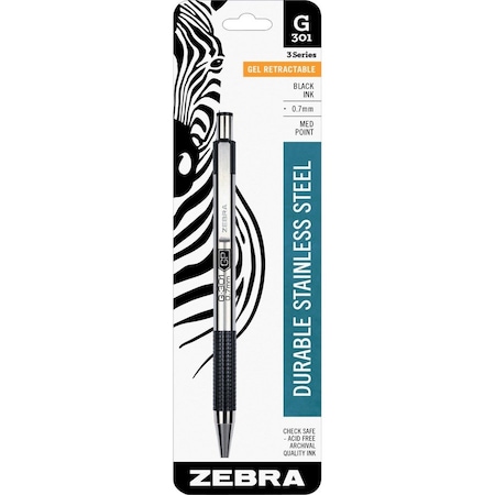Zebra Pen Zebra G-301 Gel Retractable Pen, 0.7mm, Stainless Steel Barrel, Black Ink, 1 Pack 41311
