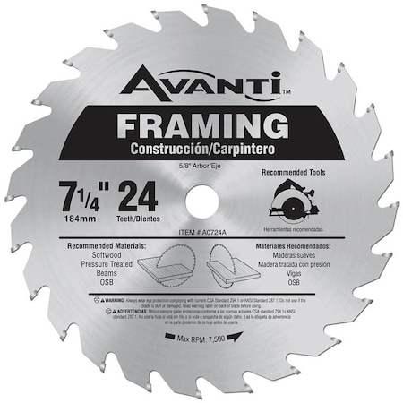 Avanti Circular Saw Blade, 7-1/4 in Dia, 24-Teeth, 5/8 in Arbor, Carbide Cutting Edge A0724A