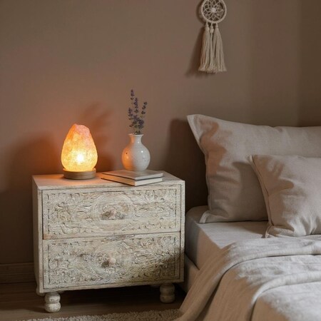 Homeroots 24" Natural And White Solid Wood Distressed Carved Scrollwork Two Drawer Nightstand 555405