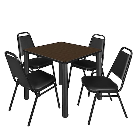 Regency Square Kee Breakroom Table W/ 4 Restaurant Stack Chairs, 30 in W, 30 in L, Neo Walnut TB3030NWBPBK29BK