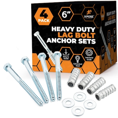 Xpose Safety 6 in Anchor Set, Anchor Lag Shield and Washer for Speed Bump/Wheel Stop on Concrete, 4 Pack CAS6-4-X