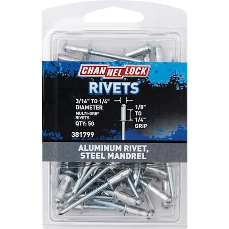 Channellock 3/16'' to 1/4''Dia.x0.063'' to 0.250'' Grip Aluminum Multigrip POP Rivet, 50PK 381799