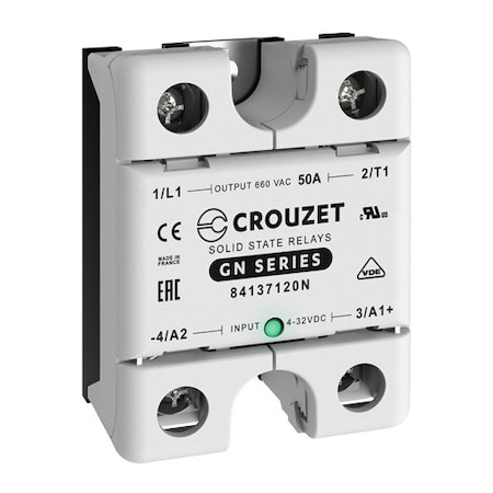 Crouzet SSR, GN, Single Phase, Panel Mount, 50A, IN 4-32 VDC, OUT 660 VAC, Zero Cross, 5PK 84137120N
