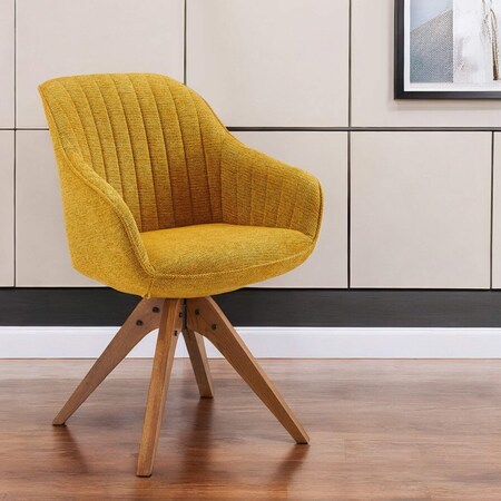 Homeroots 23" Yellow And Natural Fabric And Wood Swivel Arm Chair 524857