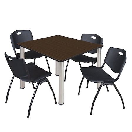 Regency Square Kee Breakroom Table W/ 4 M Stack Chairs, 48 in W, 48 in L, Neo Walnut TB4848NWBPCM47BK