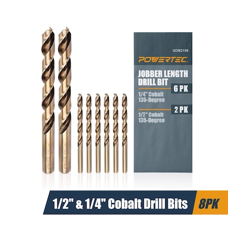 Powertec 1/2" & 1/4" Cobalt Drill Bits Assorted Size M35 HSS Jobber Length Twist Bits with 135 Deg Tip QDB2106