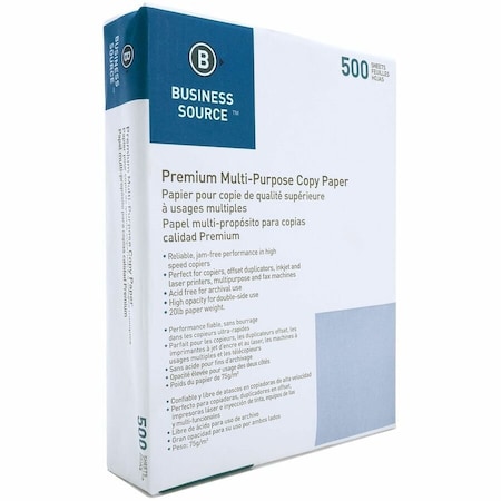 Business Source Multipurpose Copy Paper, 8.5 x 11 in, 20 lb, 92 Bright, White, 500 Sheets/Ream, 10 Reams BSN36591