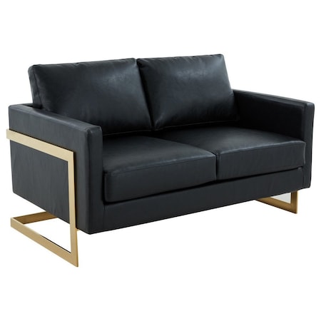 Leisuremod Lincoln Upholstered Leather Loveseat with Gold Frame, Black LA55BL-L