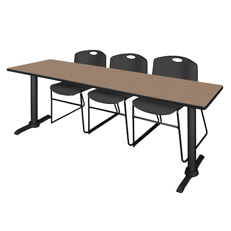 Regency Cain T-Base Training Seminar Table W/ 3 Zeng Stack Chairs, 84 in W, 24 in L, Noble Oak MTRCT8424NO44BK