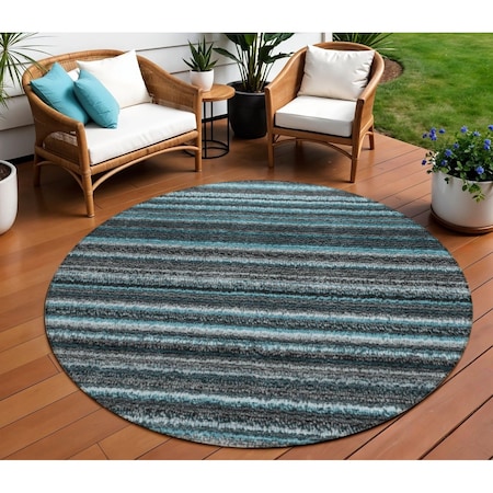 Homeroots 8' Teal Blue Sky Blue And Gray Round Striped Washable Indoor Outdoor Area Rug 577813