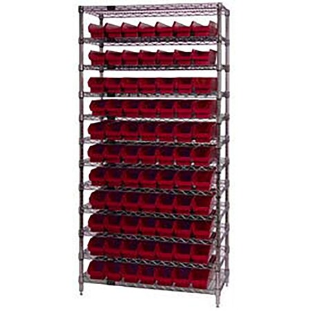 Global Industrial Chrome Wire Shelving with 77 4"H Plastic Shelf Bins Red, 36x14x74 268968RD