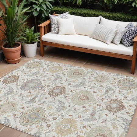 Homeroots 9' X 12' Ivory Brown And Gray Damask Washable Indoor Outdoor Area Rug 599428