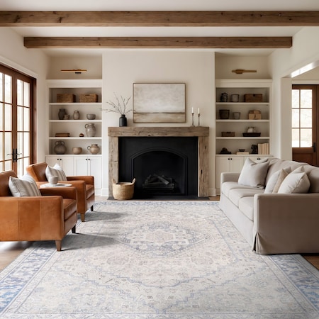 World Rug Gallery Blue Vintage Medallion Washable Rug - Flat Pile for Living Room or Kitchen 10 ft x 14 ft WR170BLUE10X14