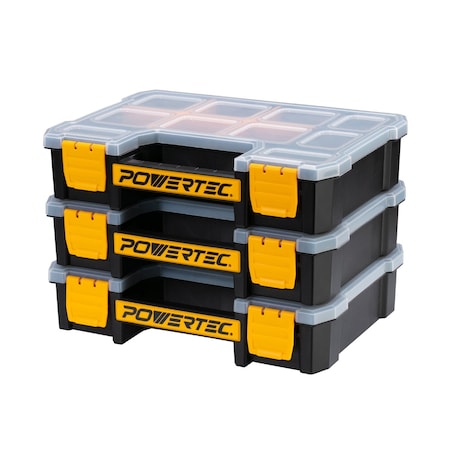Powertec Small Parts Organizer & Tool Box - 10 Compartments, Stackable with Removable Divider - 3PK 72117-P3