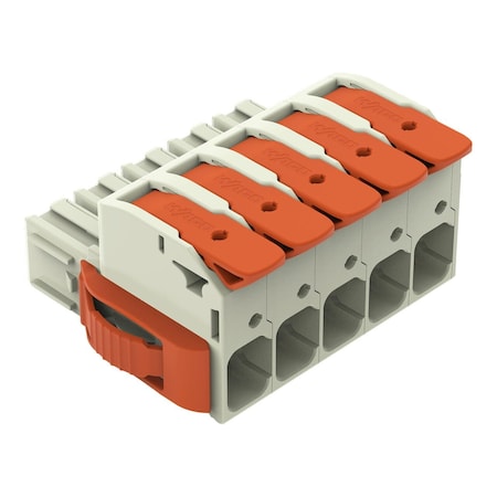 Wago Lever Wire Connector, 4 AWG Max, 5 Port, Gray, Polybutylene Terephthalate Insulation, 600 V, 66 A 832-1105/037-000