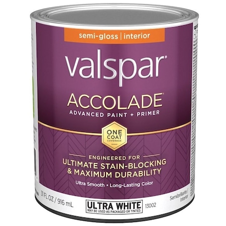 Valspar Accolade 1300 Latex Paint, Acrylic Base, Semi-Gloss, Ultra White, 1 qt, Metal Can 028.0013002.005