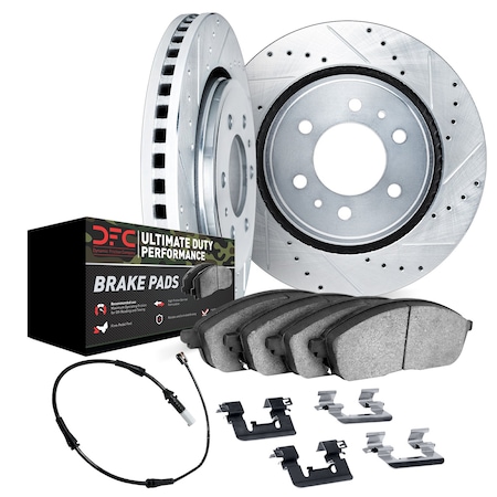 Dynamic Friction Co DFC Brake Rotor - Drilled & Slotted - Silver w/HD Brake Pad w/HW Kit & Sensor 7422-47002