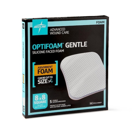 Medline Optifoam Gentle Silicone-Faced Foam Dressing, 8in x 8in, in Educational Packaging, 5PK MSC2288EPZ