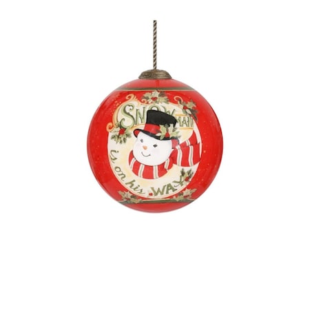 Homeroots Festive Snowman on his way Hand Painted Mouth Blown Glass Ornament 477478