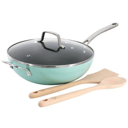 Martha Stewart 12 In 5 Qt Aluminum Nonstick Essential Pan with Lid and Beech Wood Utensils in Blue 120098.04R