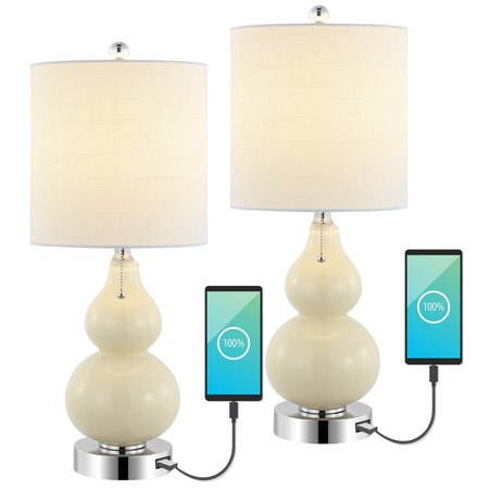 Jonathan Y Cora 22" Classic Vintage Glass LED Table Lamp with USB Charging Port, Cream, 2PK JYL1125A-SET2