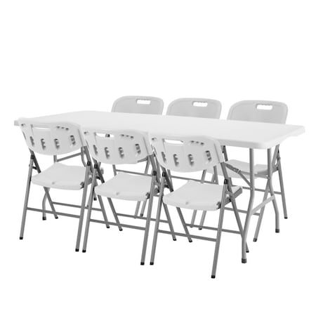 Regency Trestle 6 ft Folding Table and 6 Chairs Set, Blow Mold Plastic, Steel Frame, 72 in x 29 in, White TBM7229WH42WH