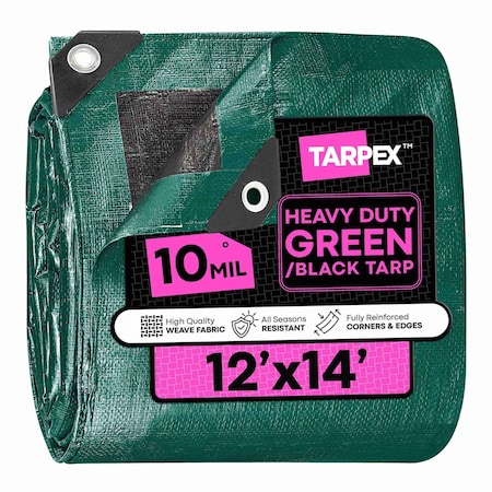 Tarpex Heavy Duty Tarp, 12 ft x 14 ft, 10 Mil, Green/Black, Polyethylene MTGB-TA-1214