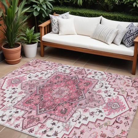 Homeroots 9' X 12' Pink Ivory And Gray Oriental Washable Indoor Outdoor Area Rug 600184