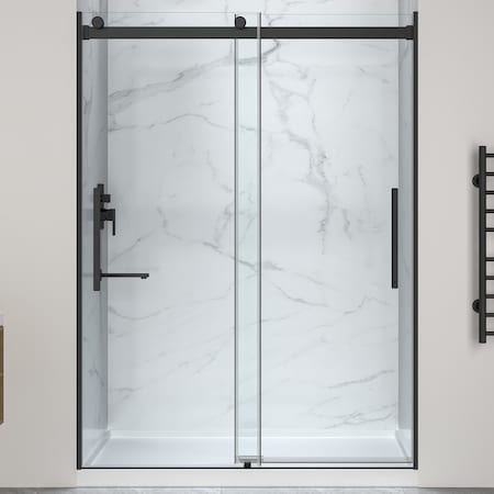 Anzzi 76'' x 57-60'' Sliding Frameless Shower Door in Matte Black with Alcove Center Drain Shower Base SD-5902201C-MB