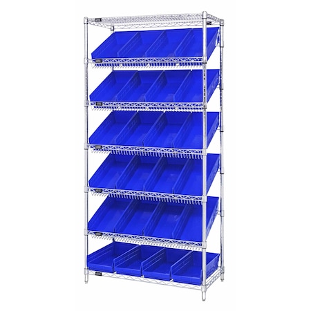 Quantum Storage Systems WIRE SHELVING UNIT W/24 BLUE BINS WRS-7-108BL