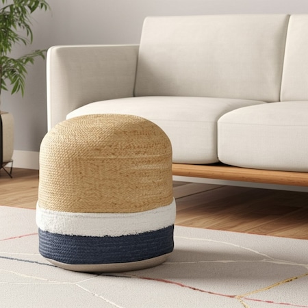 Homeroots 18" Natural And Navy Blue Jute Blend Cylinder Striped Pouf Ottoman 551557
