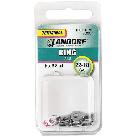 Jandorf High-Temperature Ring Terminal, 22 to 18 AWG Wire, #6 Stud, Copper Contact, Red 60964