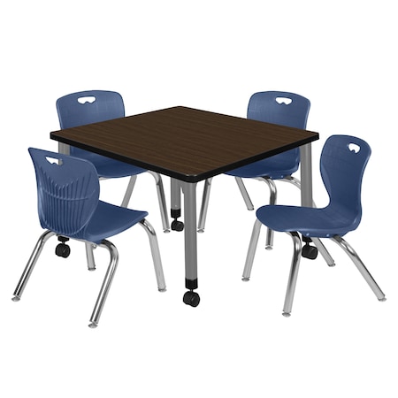Regency Square Kee Mobile Adjustable Classroom Table W/ 4 Andy Chairs, 30 in W, 30 in L, Neo Walnut TB3030NWAPCGY45NV