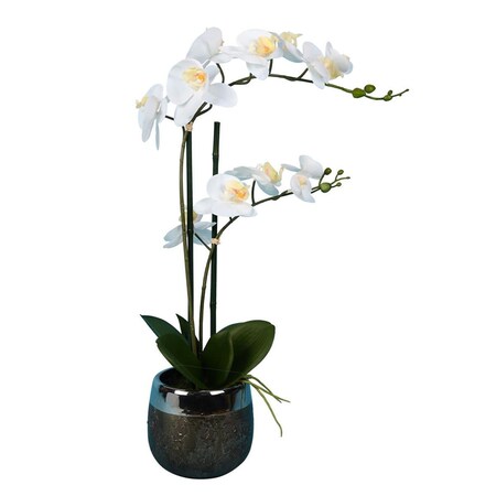 Dare2Decor 23 in. White Phalaenopsis in Metal Pot Real Touch Petals DA3253702